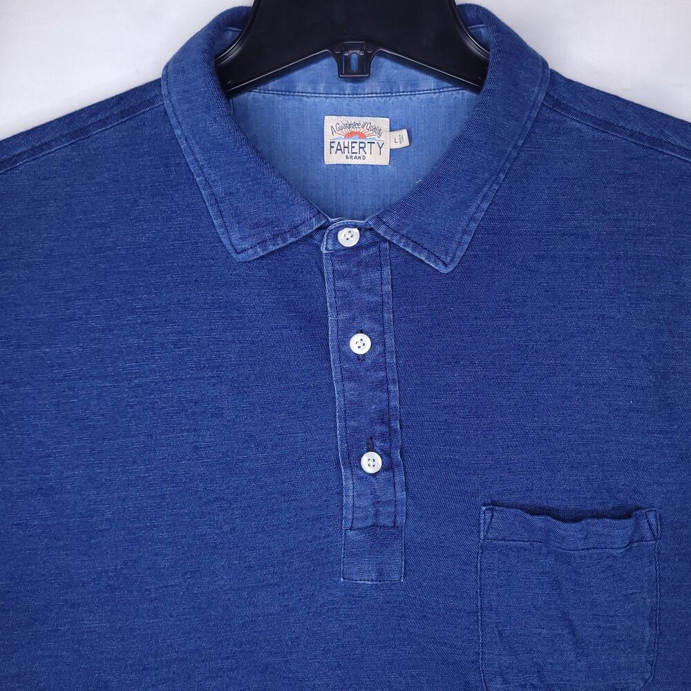 Faherty Polo Shirt Mens Large Blue Indigo Dyed Slub